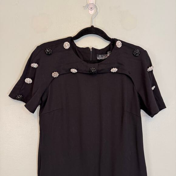 Studio Badgley Mishka Mini Shift Dress Womens M Black Evening Floral Rhinestones - Picture 3 of 9